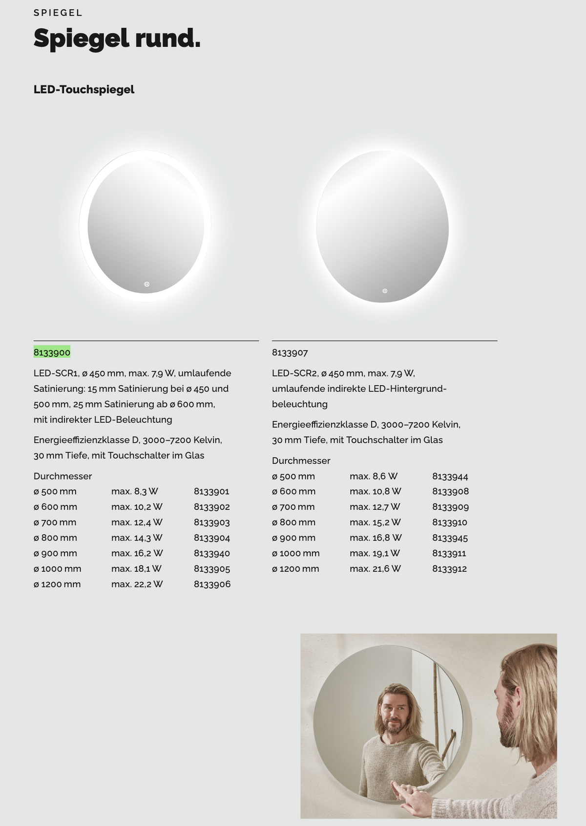 SCALIDO-Leuchtspiegel LED-SCR2 rund mit Hintergrundbeleuchtung/Lichtwechsler/Schalter