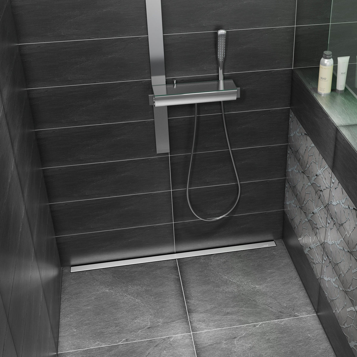 Wedi - Neo Duschelement komplett - Riolito quadratisch, Ablauf dezentral, Wandnah