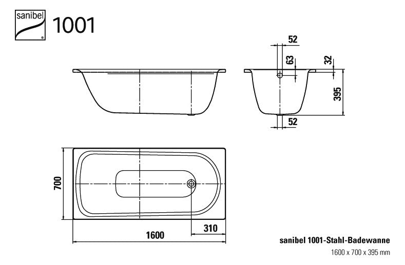 Stahl-Einbau-Badewanne weiß 170x70x39,5cm Sanibel Körperform