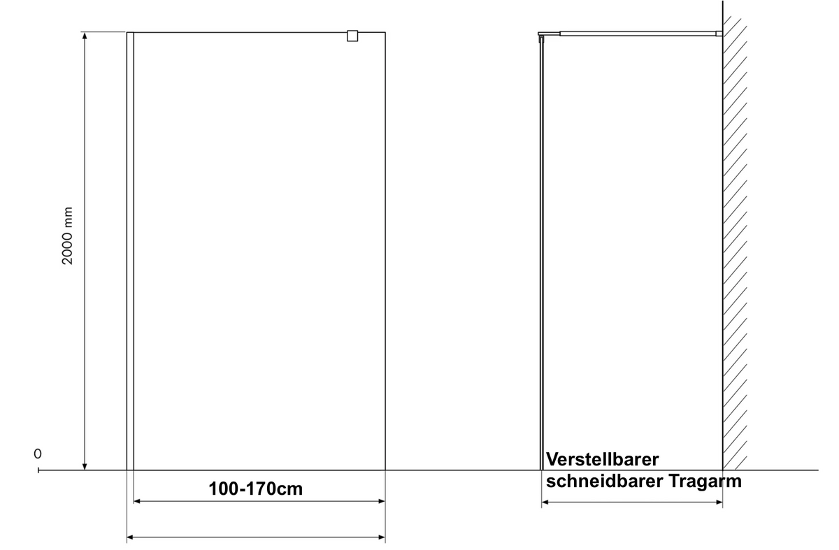 Duschabtrennung  Walk-In Dusche mit Nano-Beschichtung Echtglas  - 6mm - Komplett-Set schwarze Rahmen und Stange