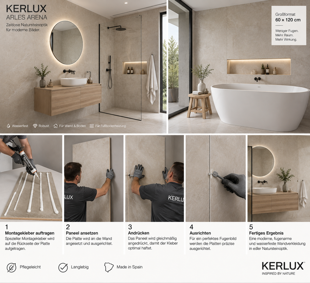 Kerlux SPC-Wandpaneel – Wasserfeste Wandverkleidung fürs Bad in Natursteinoptik 60 × 120 cm